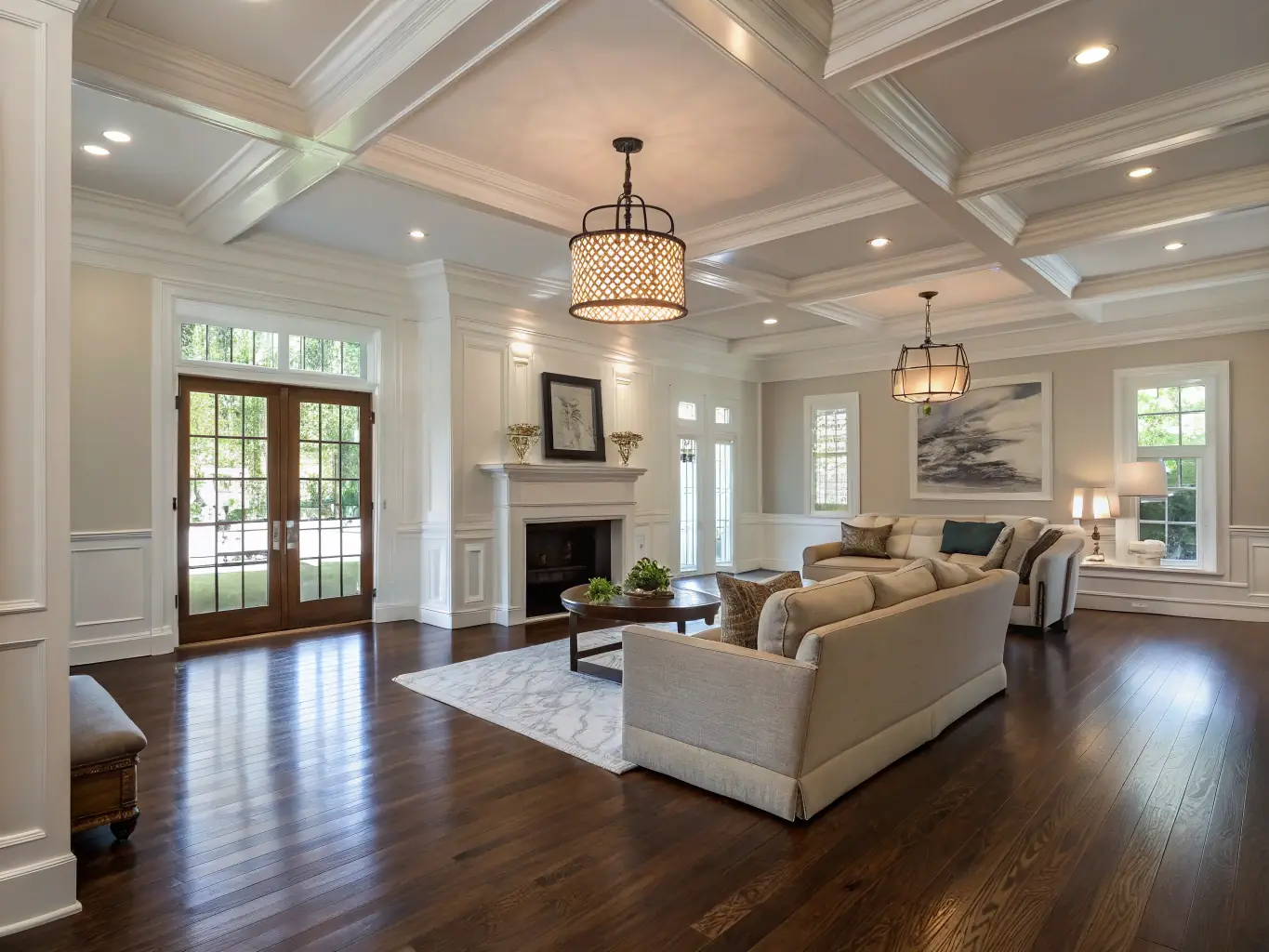 A high-resolution image showcasing a beautifully finished living room with hardwood floors, crown molding, and modern fixtures, representing M.Couture Rénovations Inc's interior finishing services.