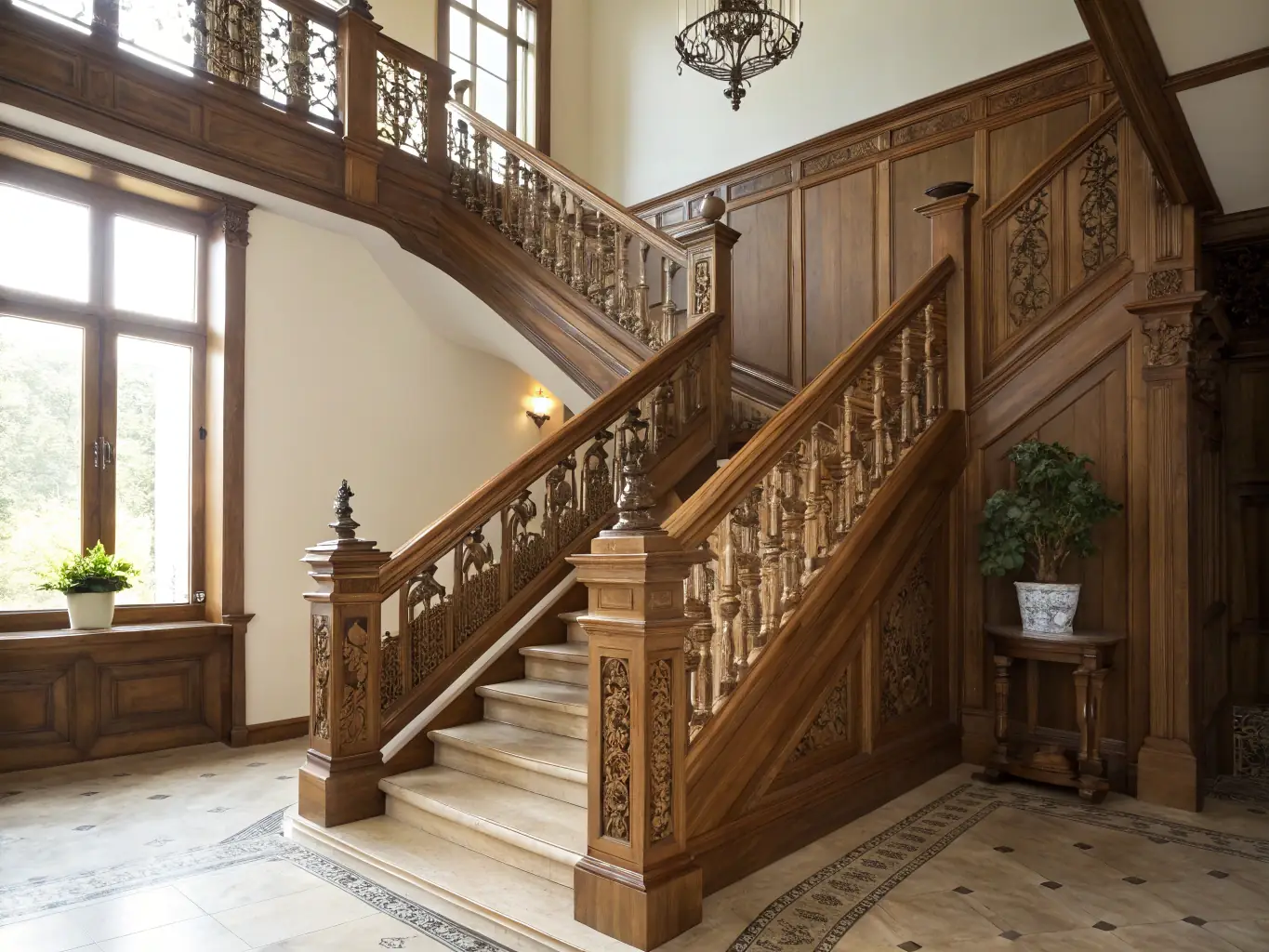An image of a custom-built wooden staircase with intricate detailing and polished finish, showcasing M.Couture Rénovations Inc's carpentry and woodwork capabilities.