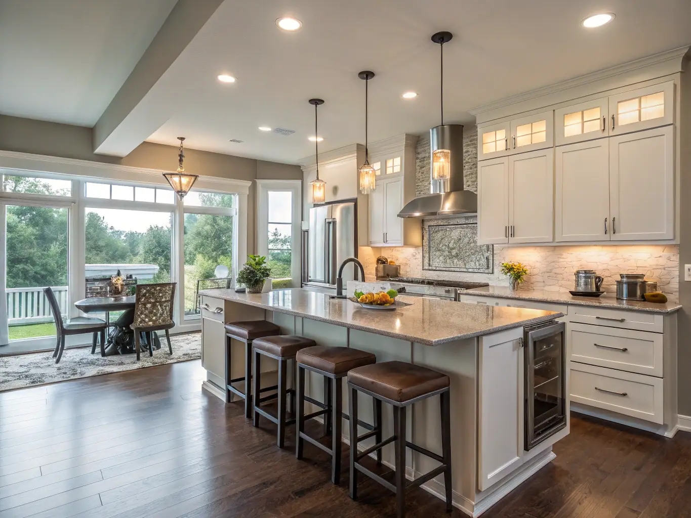A photograph of a recently completed modern kitchen renovation project by M.Couture Rénovations Inc, featuring custom cabinetry and elegant lighting.