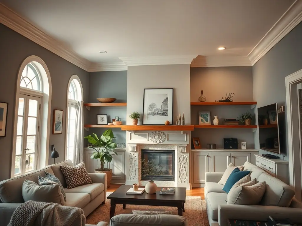 A beautifully renovated living room with new flooring, freshly painted walls, and custom-built shelving, showcasing M.Couture Rénovations Inc.'s interior finishing expertise.