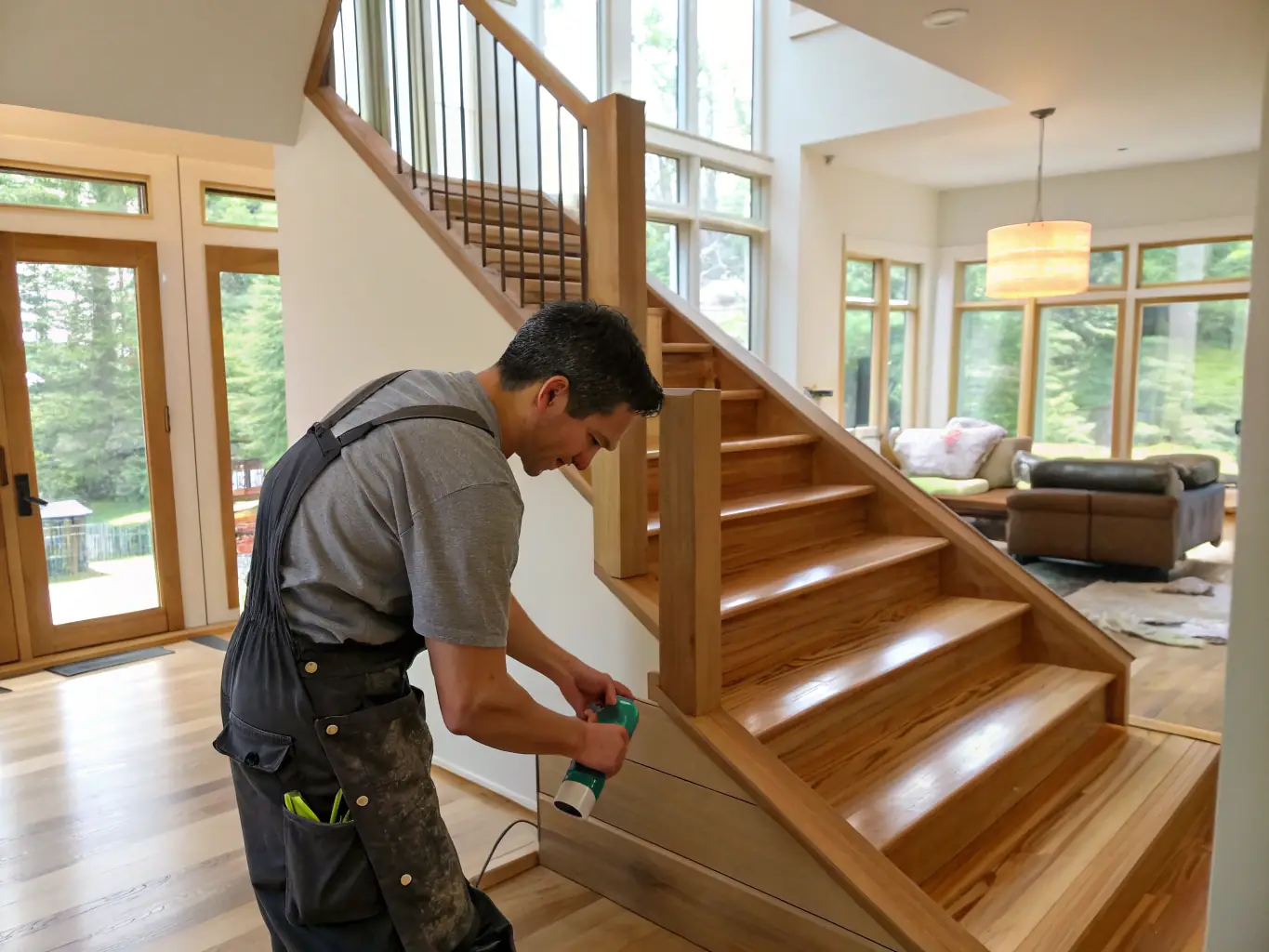 A craftsman working on a custom-built wooden staircase, highlighting the attention to detail and quality craftsmanship in M.Couture Rénovations Inc.'s carpentry services.